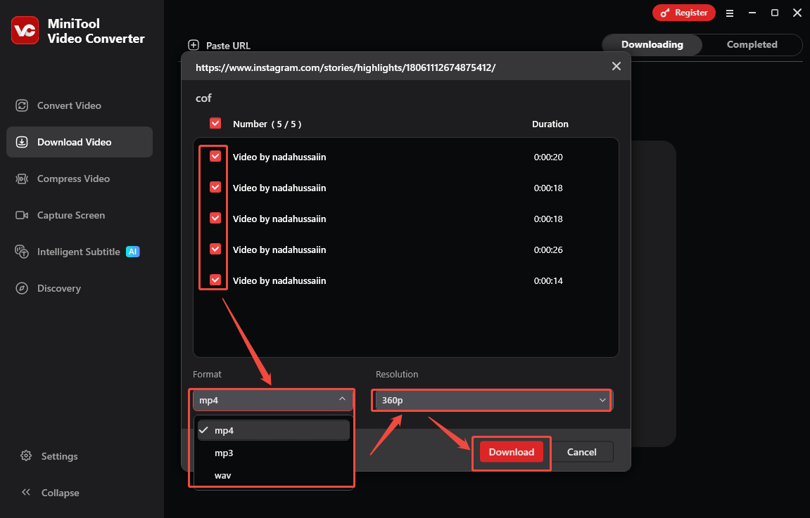 MiniTool Video Converter showing how to choose the wanted Instagram videos and a download format and quality to download.