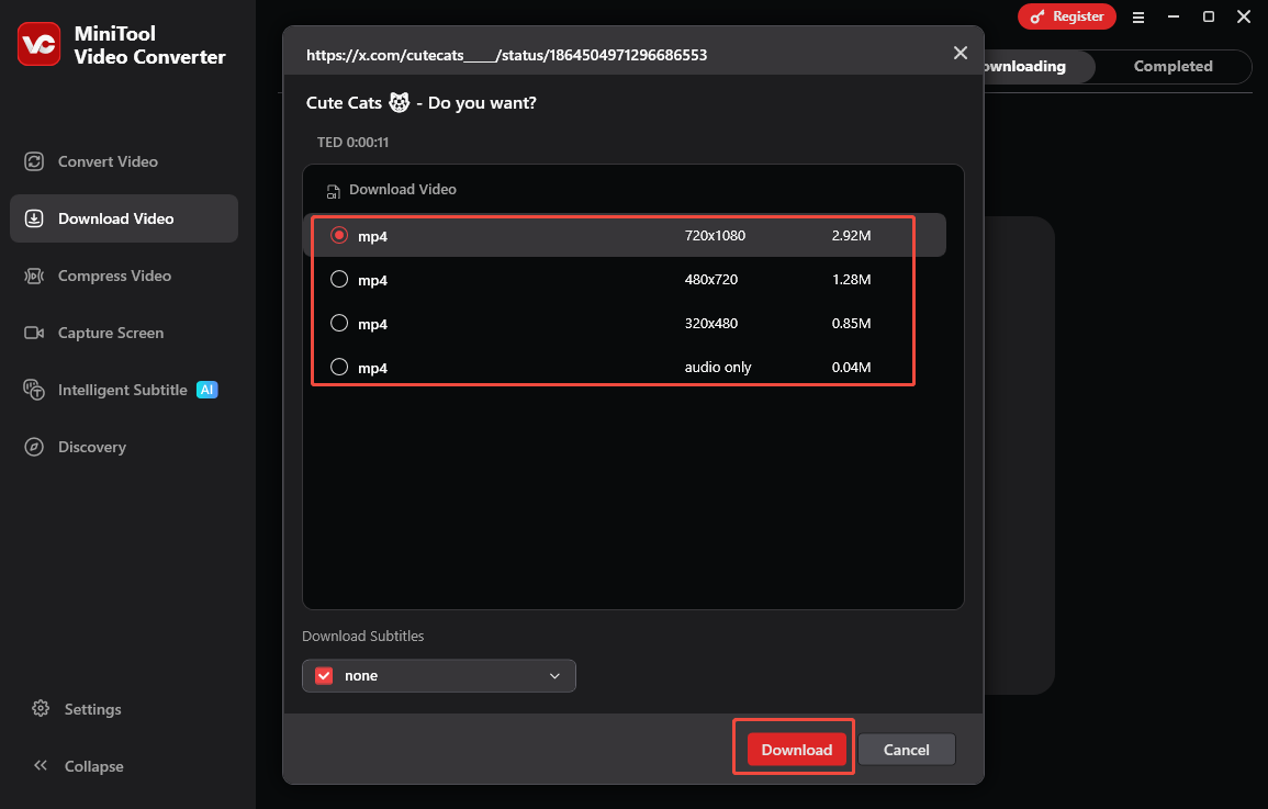 MiniTool Video Converter interface showing how to download a Twitter video.