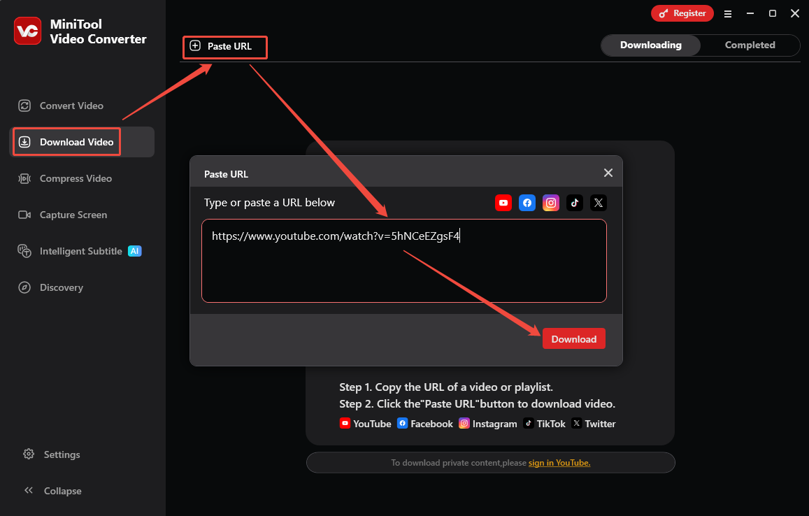 MiniTool Video Converter interface showing how to parse the copied YouTube video link.