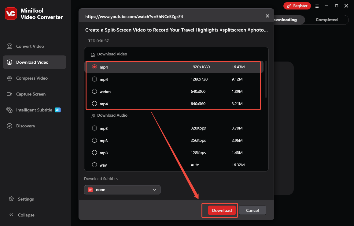 MiniTool Video Converter interface with the YouTube video formats and the Download option selected.