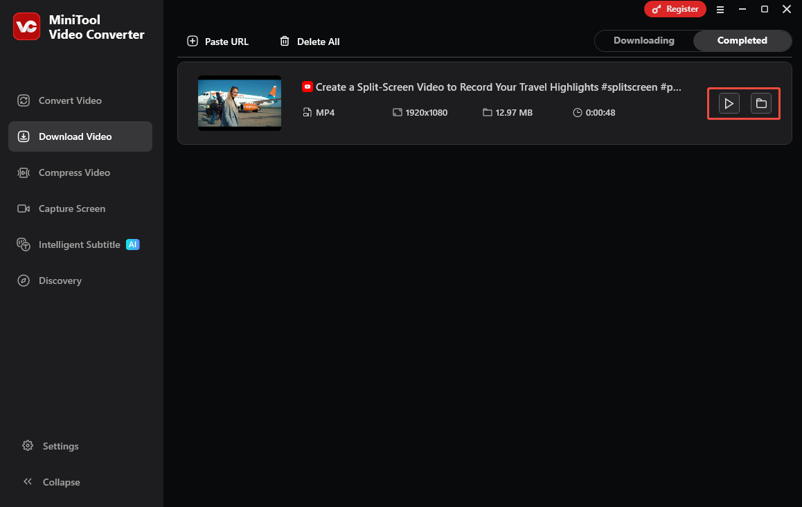 MiniTool Video Converter interface with the play icon and folder icon under the Download Video module selected.