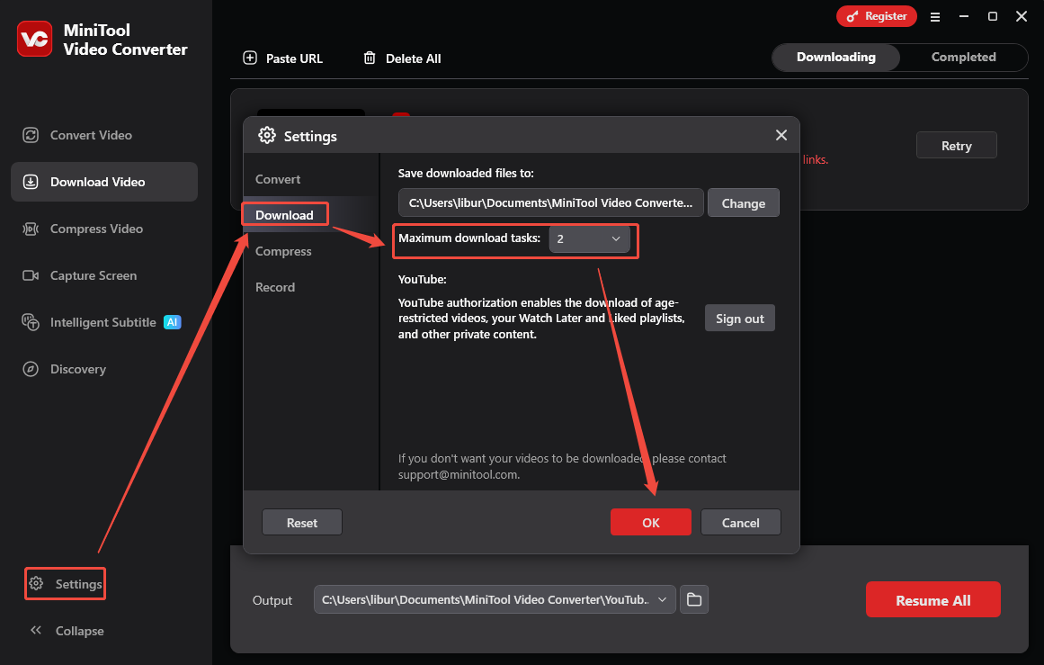 MiniTool Video Converter interface that shows how to set the maximum downloads.