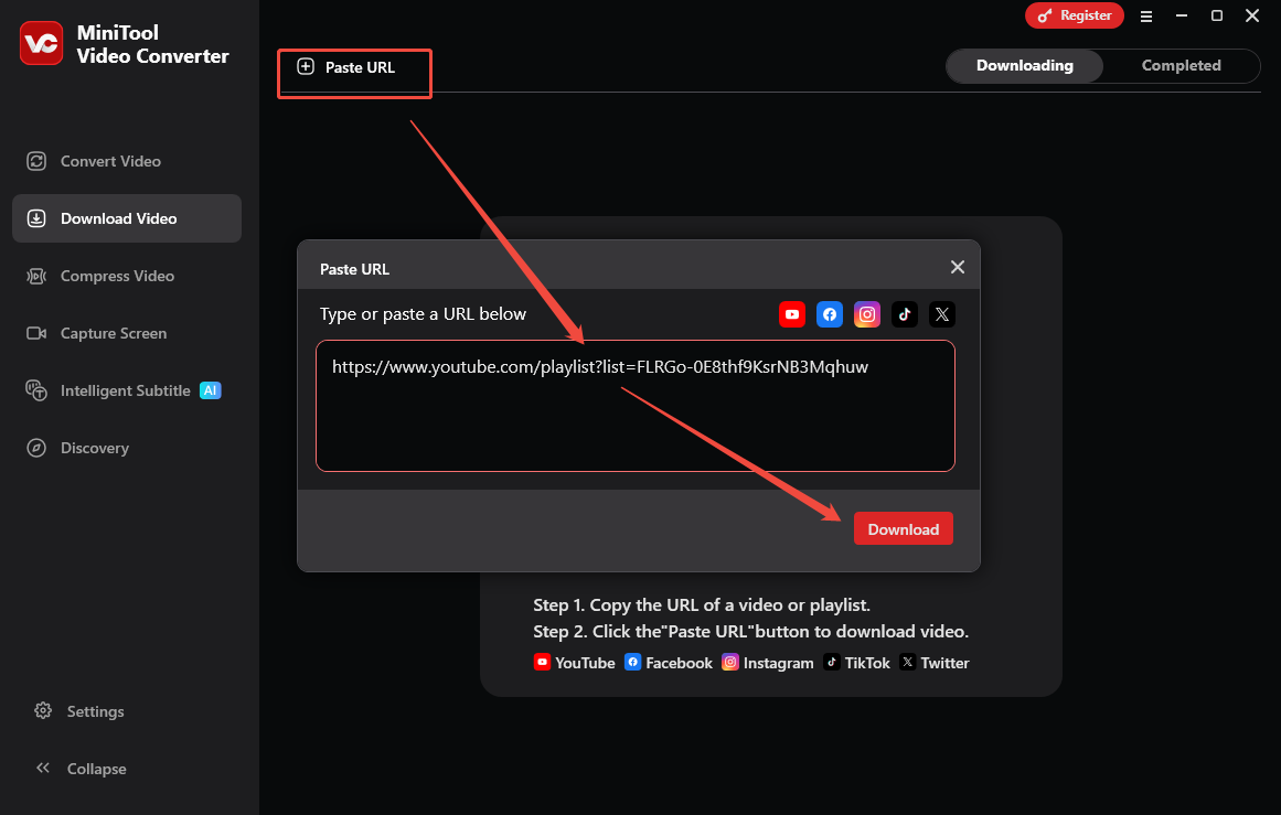 MiniTool Video Converter interface showing how to analyze the YouTube playlist link.