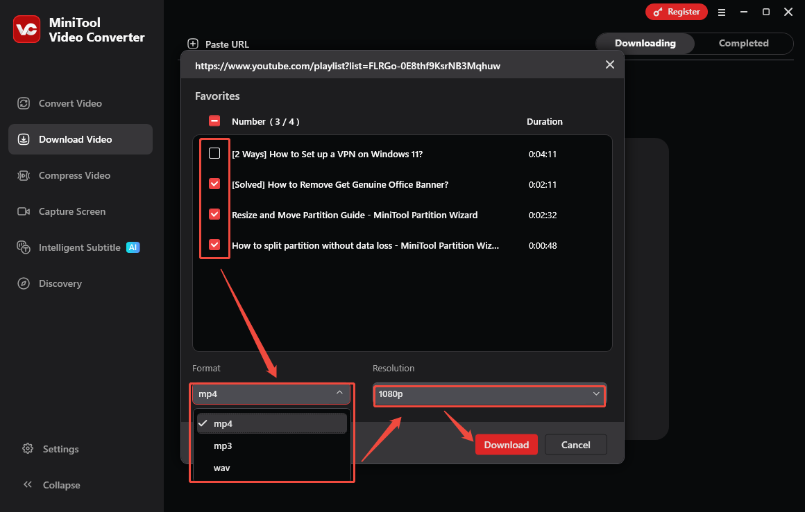 MiniTool Video Converter interface that shows how to download a YouTube playlist.