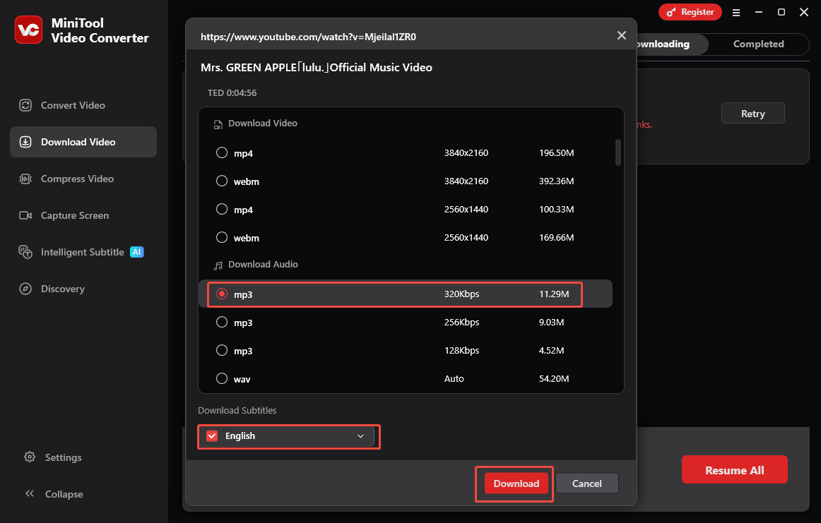 MiniTool Video Converter interface showing how to download a YouTube video/audio with subtitles.