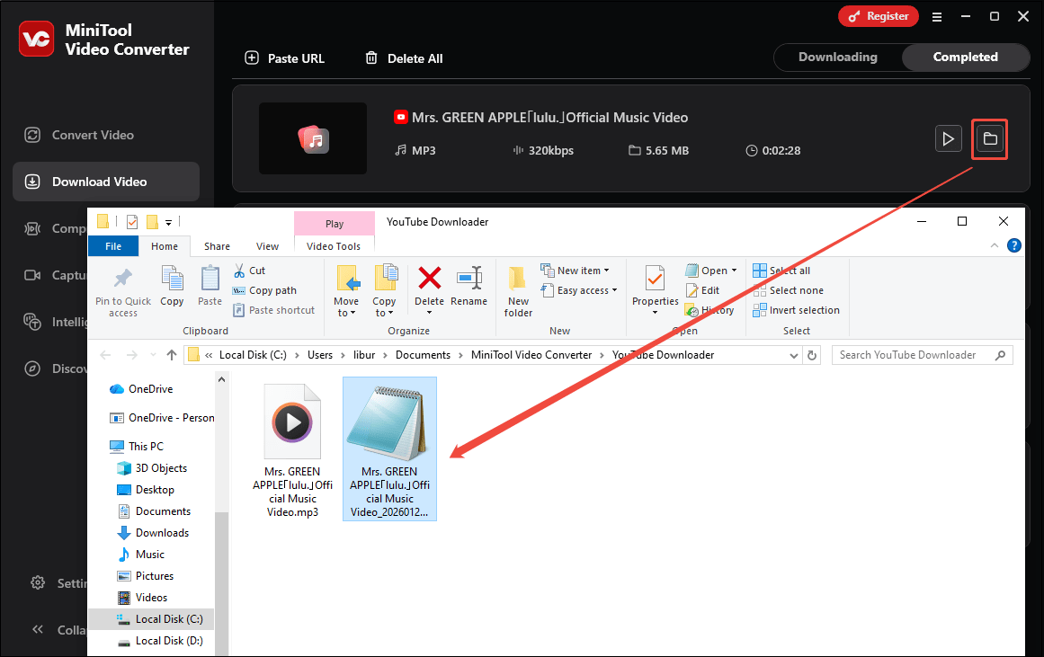 MiniTool Video Converter that shows how to find the downloaded YouTube subtitles.