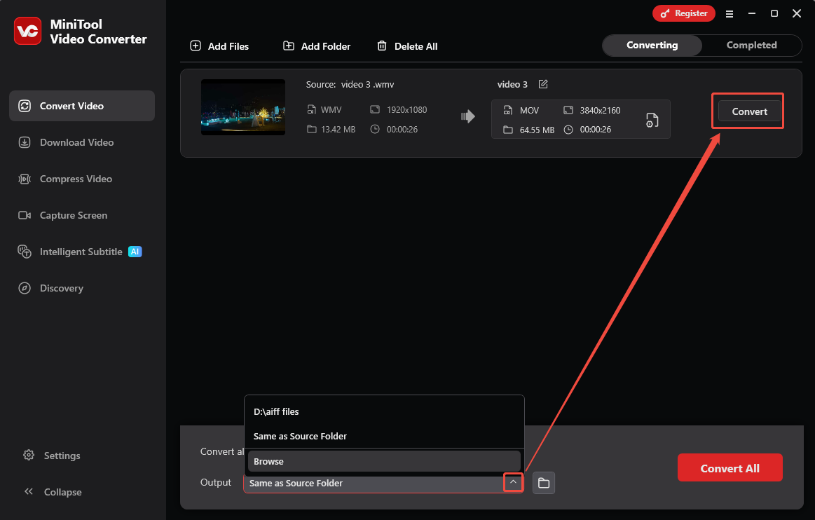 MiniTool Video Converter Convert Video tab with the Output option and the Convert button selected.
