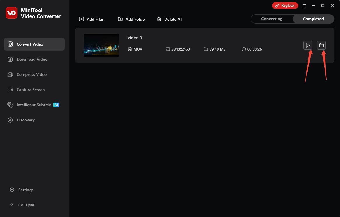 MiniTool Video Converter Convert Video tab with the Play icon and the Folder icon selected.