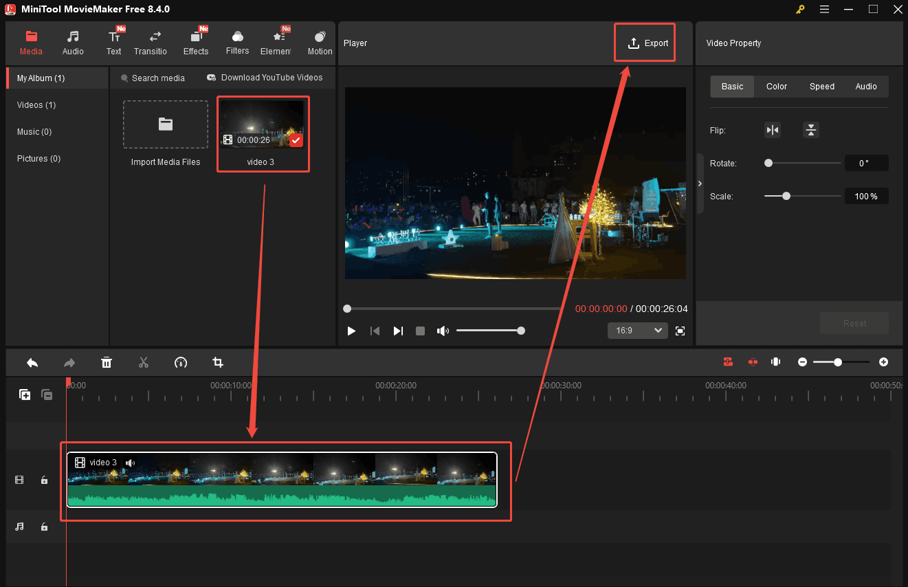 MiniTool MovieMaker interface showing how to add a WMV video onto the timeline and how to open the Export window.