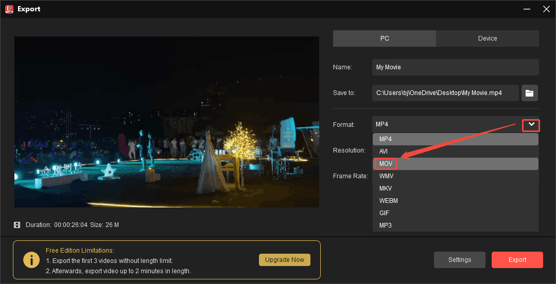 MiniTool MovieMaker Export window with the Format option selected.