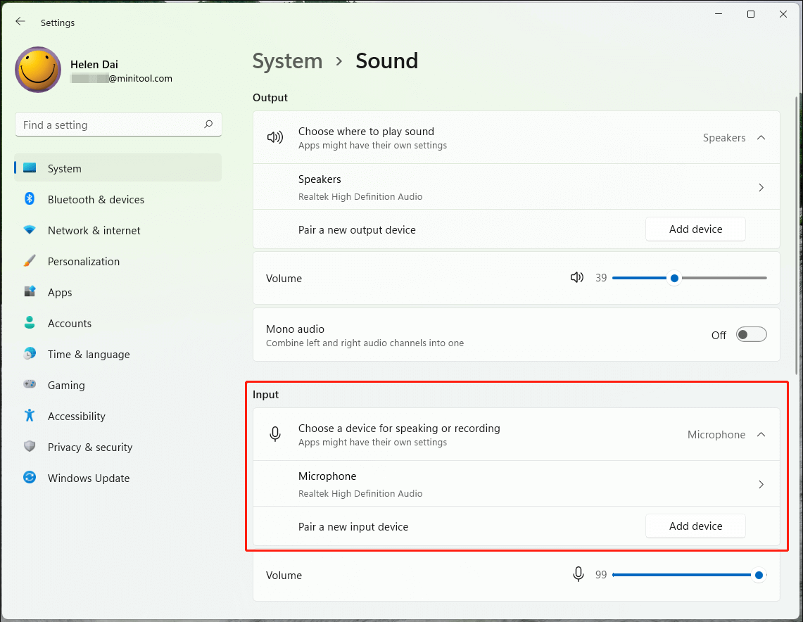 system sound input settings