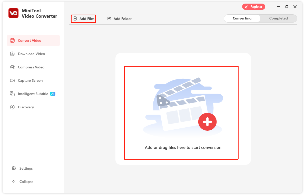 Markierung der Option Dateien hinzufügen und des mittleren Bereiches von MiniTool Video Converter.