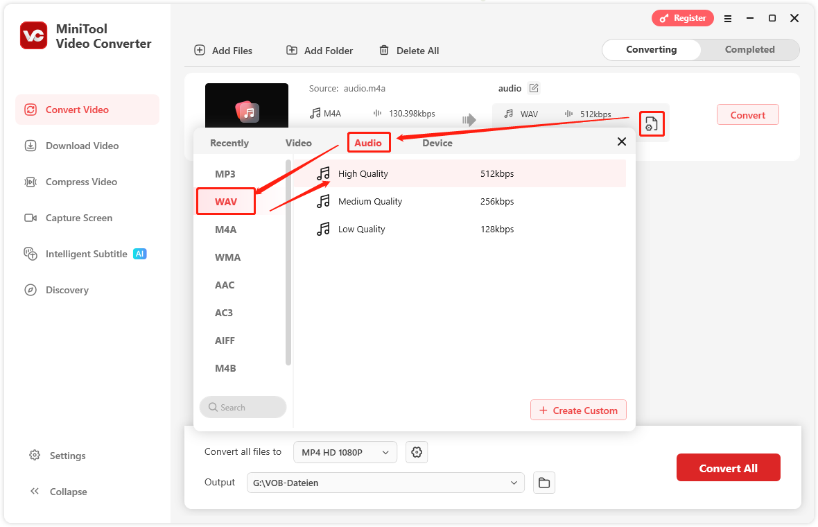 Ein Screenshot zum Festlegen von WAV als Ausgabeformat und zur Auswahl der gewünschten Qualität.