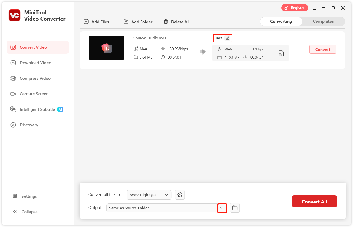 Ein Screenshot zum Umbenennen der Ausgabedatei und zum Ändern des Speicherorts.