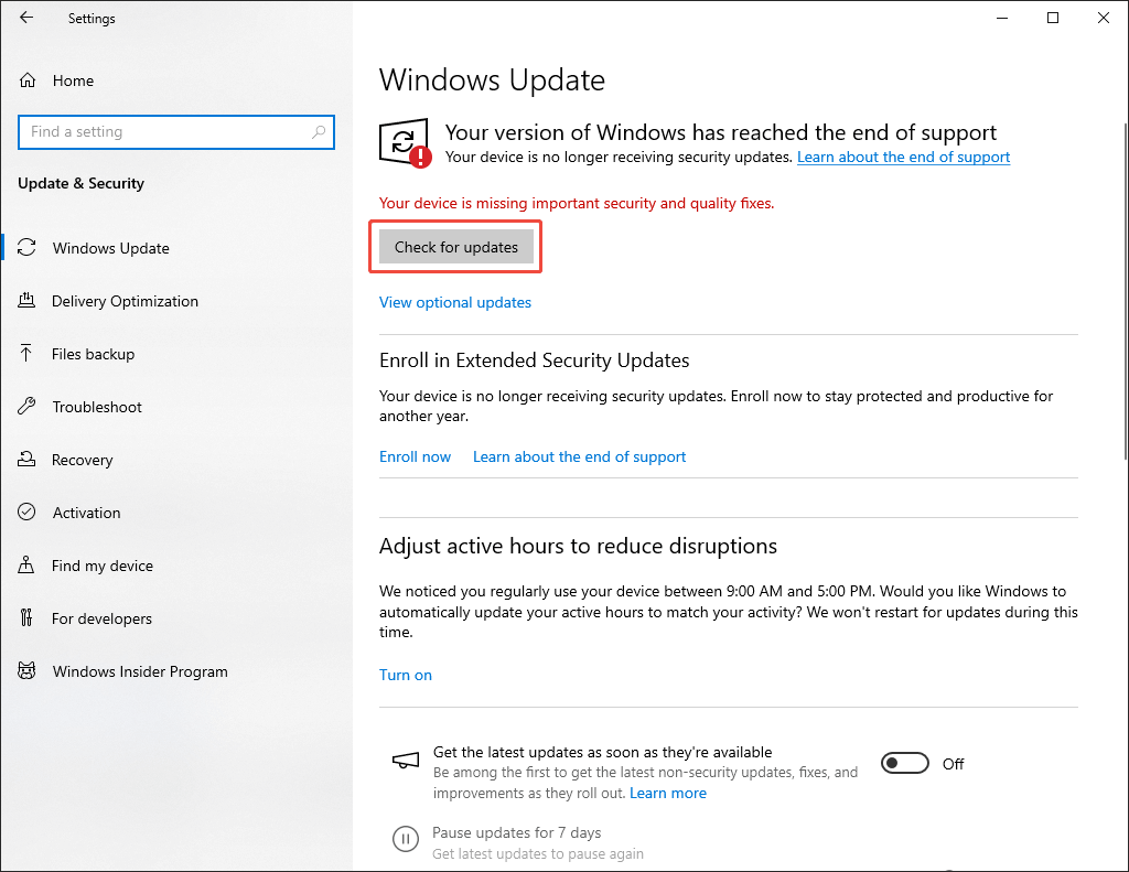 Windows Settings window with the Check for updates option selected to check whether the update is available.