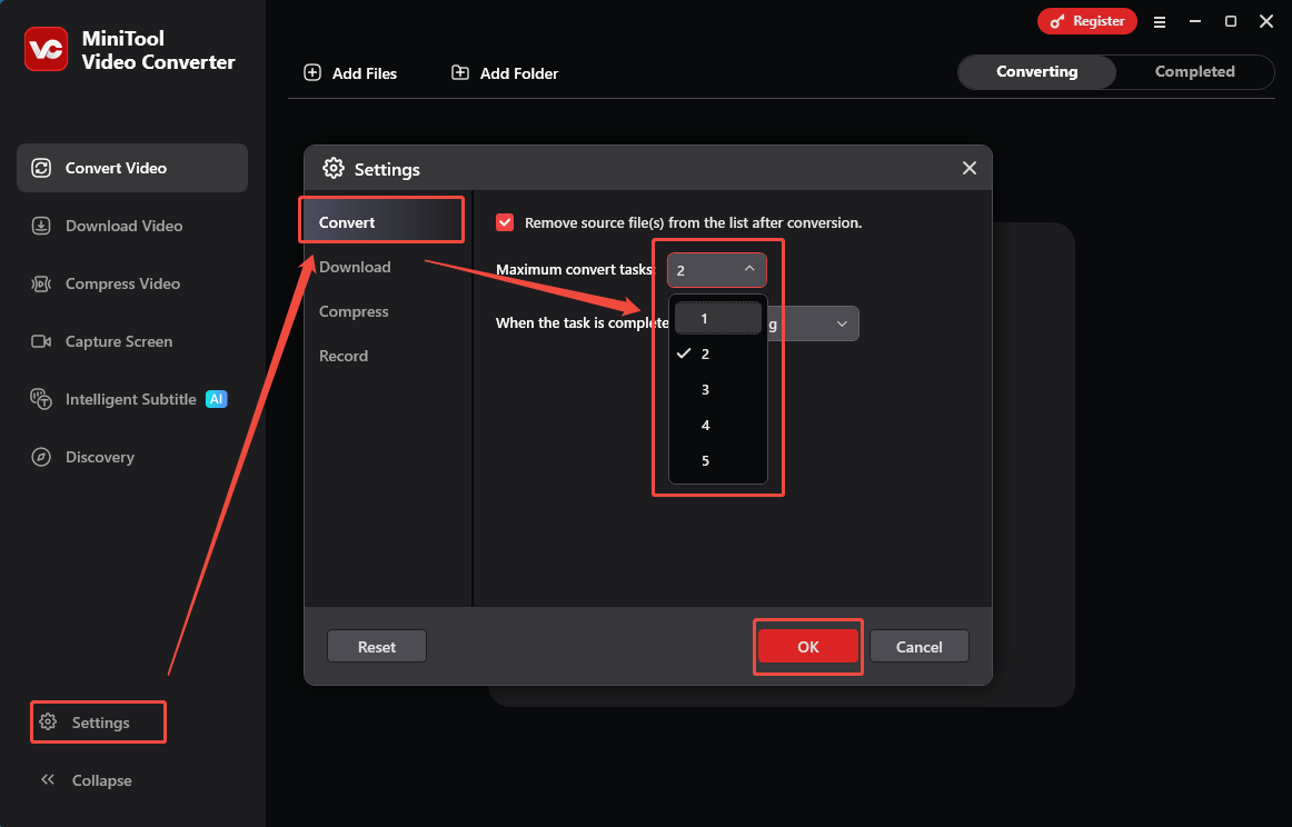 MiniTool Video Converter interface that shows how to customize the maximum conversion tasks.