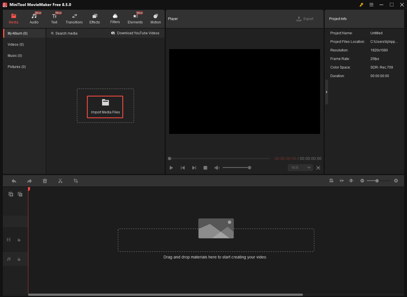 MiniTool MovieMaker interface with the Import Media Files area selected to import the audio file.
