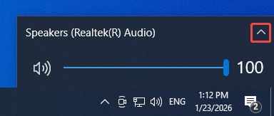 Windows taskbar with the arrow icon selected in the small window to access the audio device list.