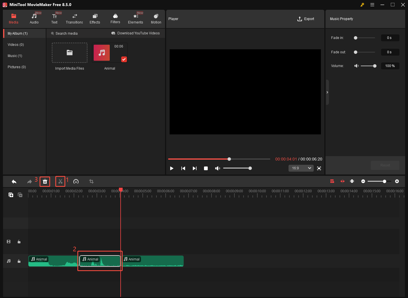 MiniTool MovieMaker interface that shows how to remove an audio clip.