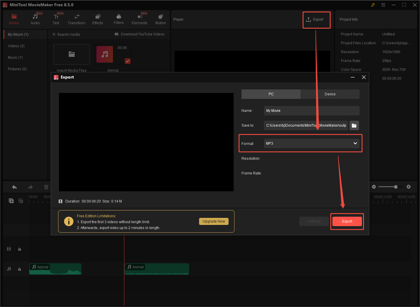 MiniTool MovieMaker Export window that shows how to select MP3 as the output format and save the trimmed audio.