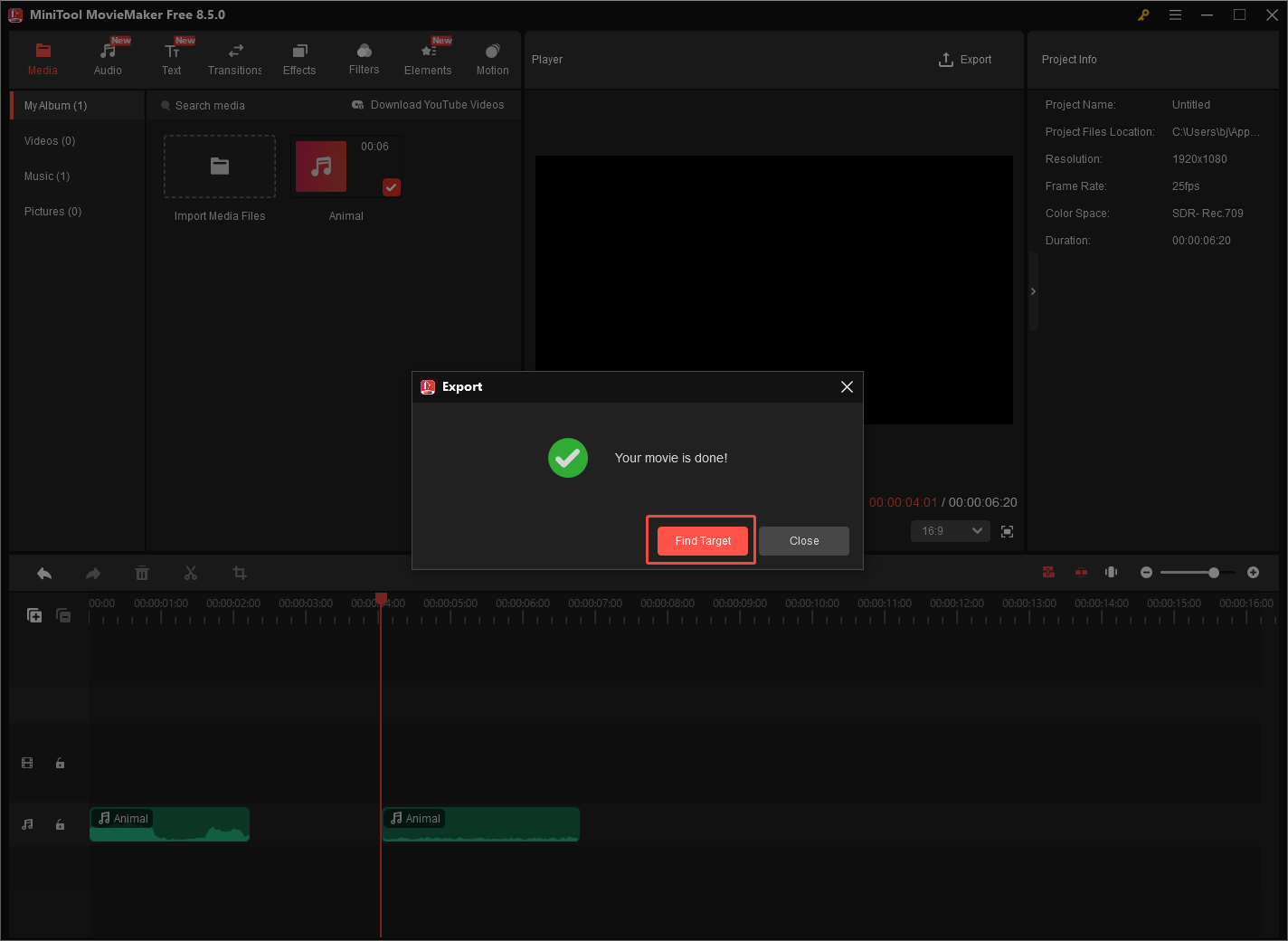 MiniTool MovieMaker interface with the Find Target button selected in the Export popup to locate the output audio.
