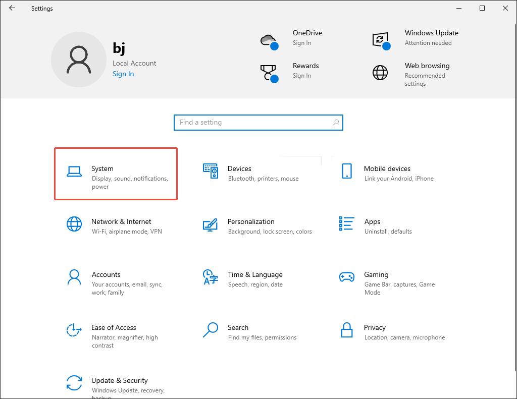 Windows Settings window with the System option selected.