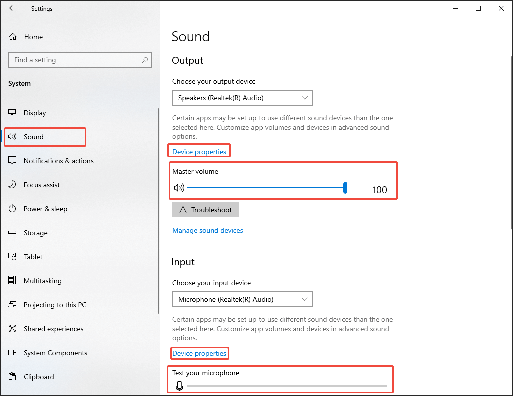 Windows Settings window with the Device Properties options selected under the Sound section.