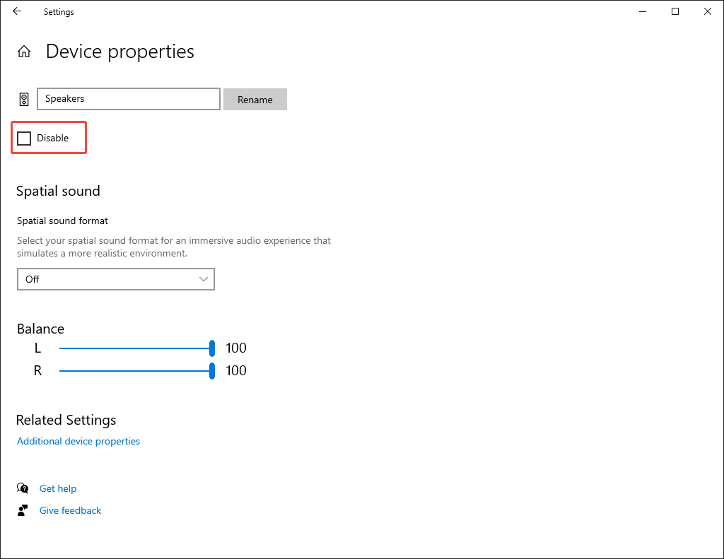 The Device properties window with the Disable option of the speaker unchecked.