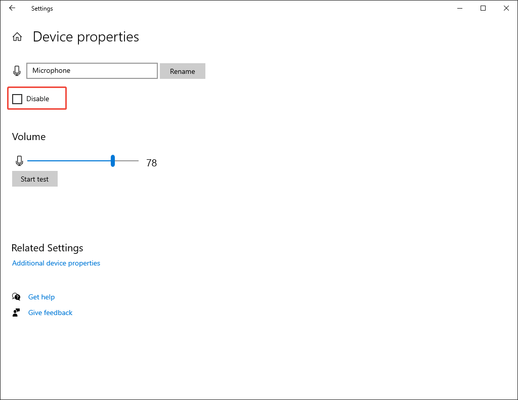The Device properties window with the Disable option of the microphone unchecked.