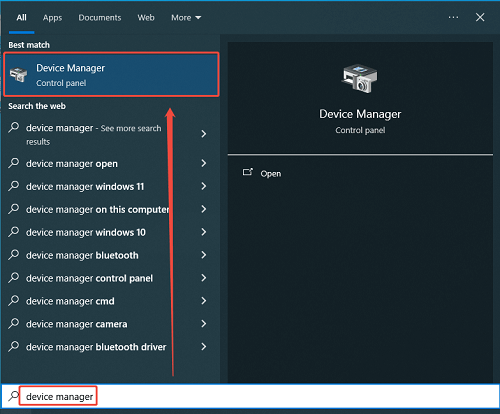 Windows Search box with the words device manager typed into the search box and the Device Manager option selected.