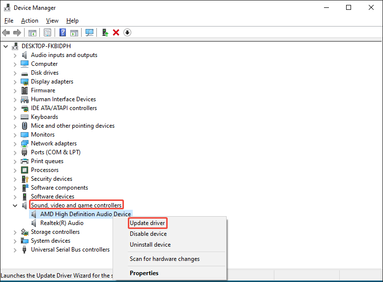 Windows Device Manager window with the Sound, video nad game controllers option and Update driver option selected.