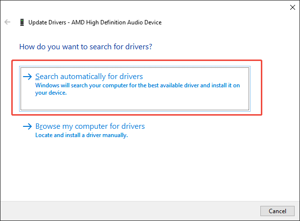 The Device Managers interface with the Search automatically for drivers option selected.