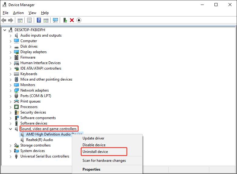 Windows Device Manager window with Sound, video and game controllers option and Uninstall device option selected.