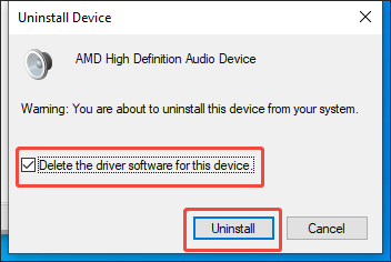 Uninstall Devices window with the Delete the driver software for this device option and the Uninstall button selected.