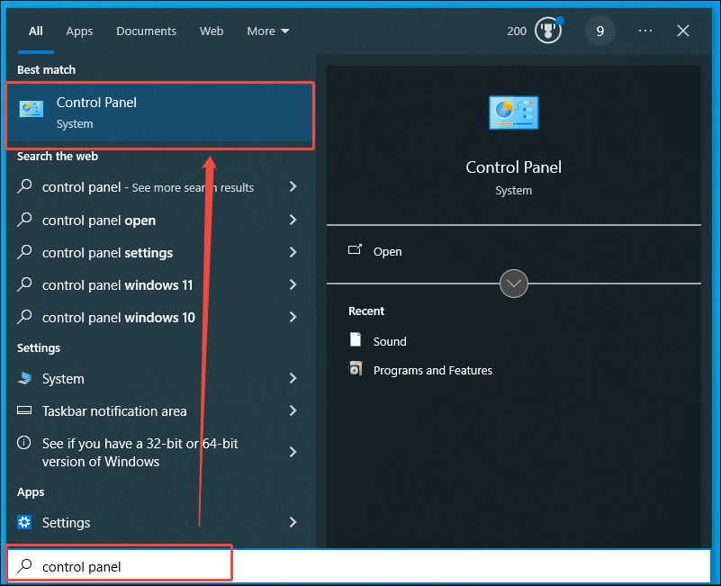 Windows Search box with the words control panel typed into the search box and the Control Panel option selected.