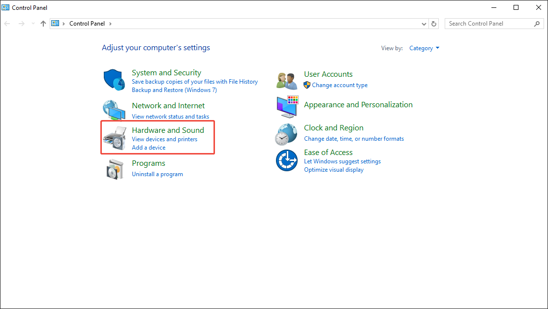 Windows Control Panel window with the Hardware and Sound option selected.
