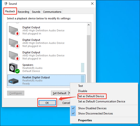 Windows Sound window with an audio device and the Set as Default Device option selected under the Playback section.
