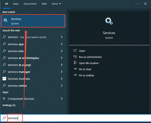 Windows Search window with the word service typed into the search box and the Services option selected.