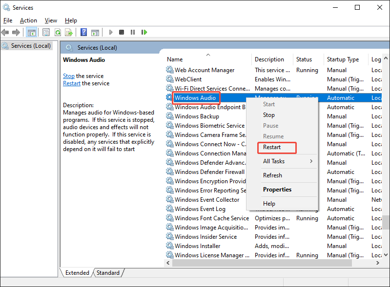 The Services window with the Windows Audio option and the Restart option selected.