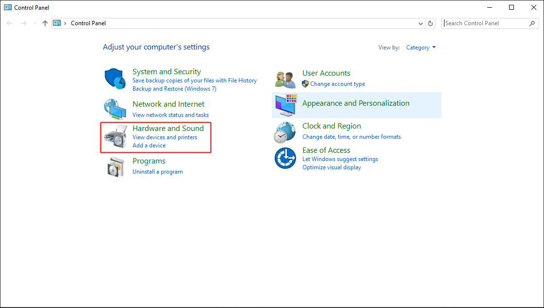 Windows Control Panel window with the Hardware and Sound option selected.