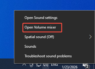Windows volume context menu with the Open Volume mixer option selected.