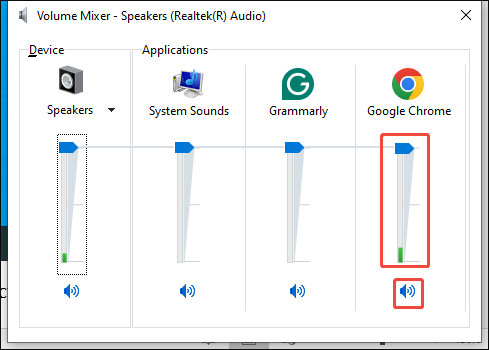 The Volume Mixer window with the volume slider of your web browser selected.