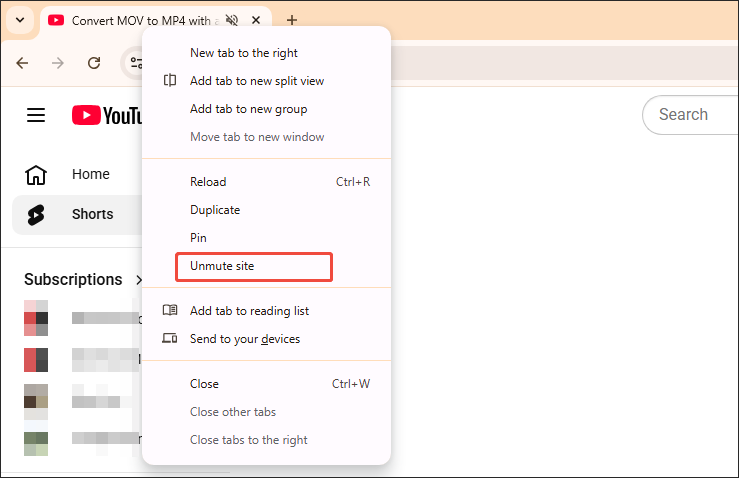 The Google Chrome interface with the Unmute site option selected.