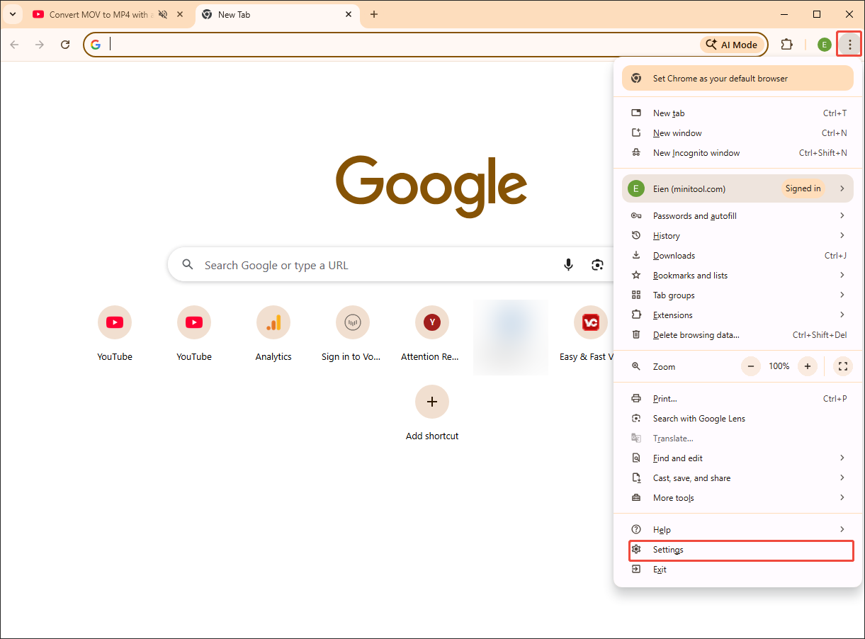 Google Chrome interface with the Settings option selected in the option menu.