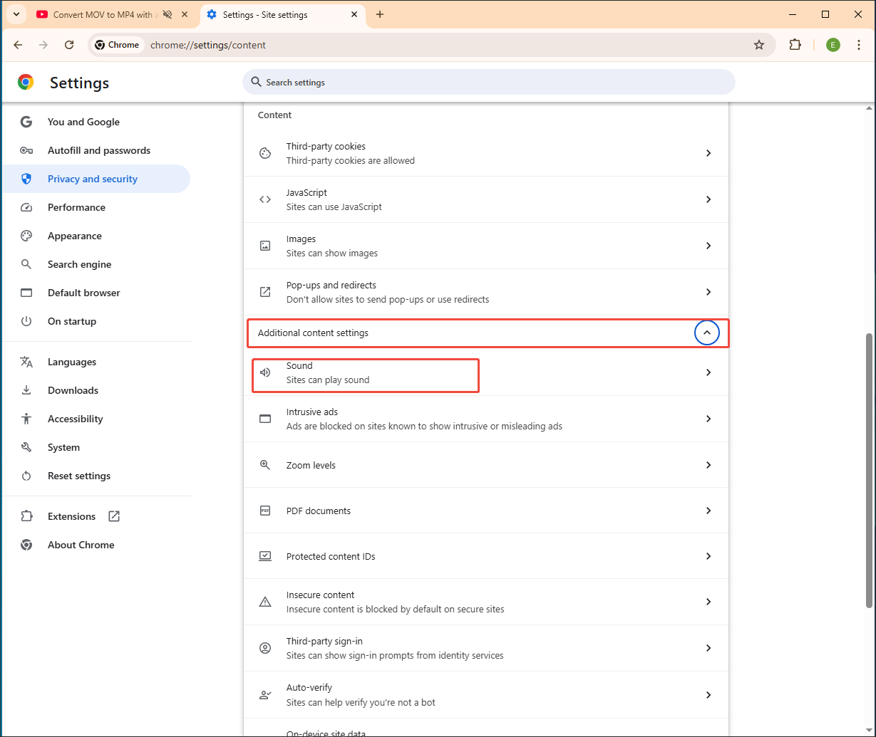 Chrome Settings interface with the Additional content settings option expanded and the Sound option selected.