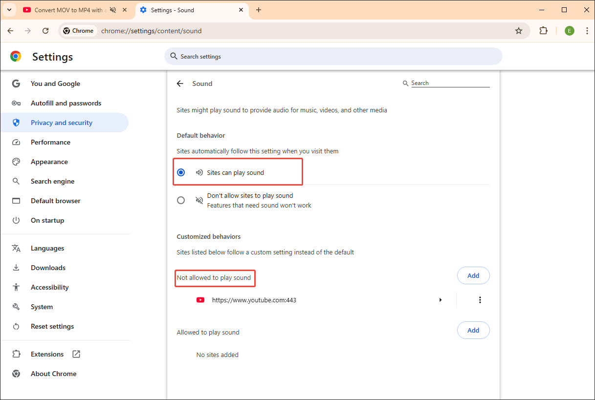 Chrome Settings interface with the Sites can play sound option checked.