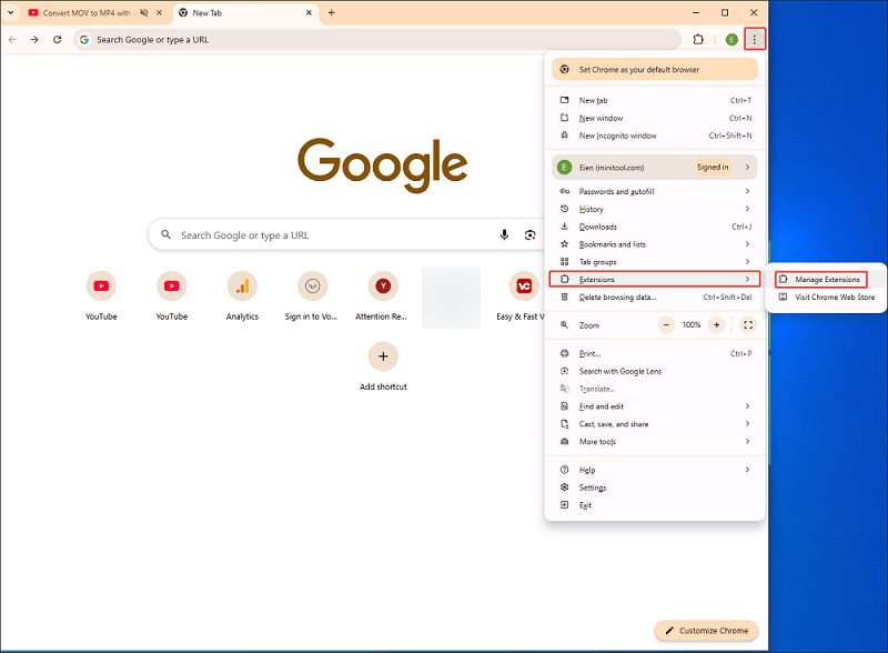 Google Chrome interface with the Manage Extensions selected under the Extensions section.