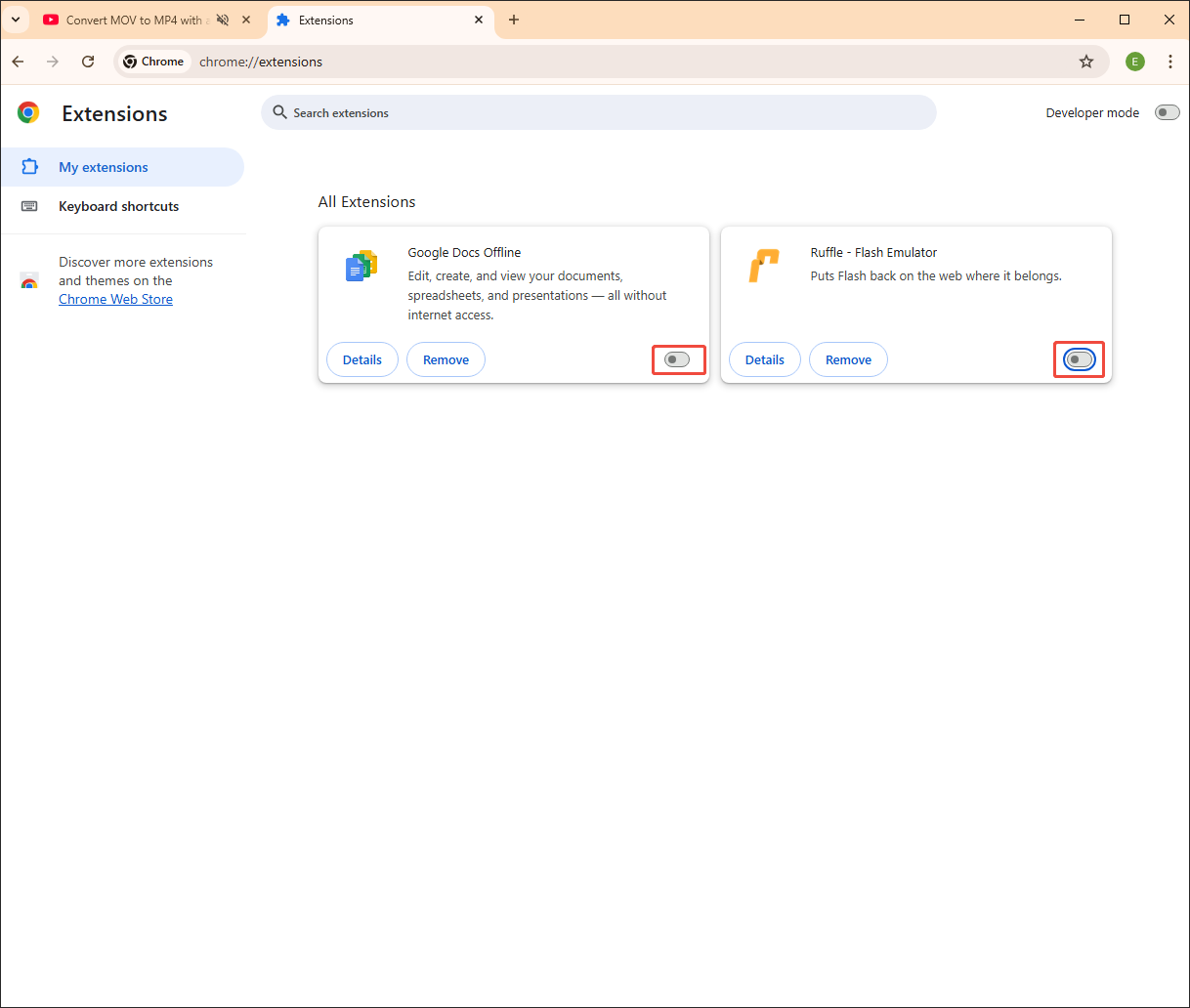 Chrome Extensions interface that shows you how to turn off the extensions.