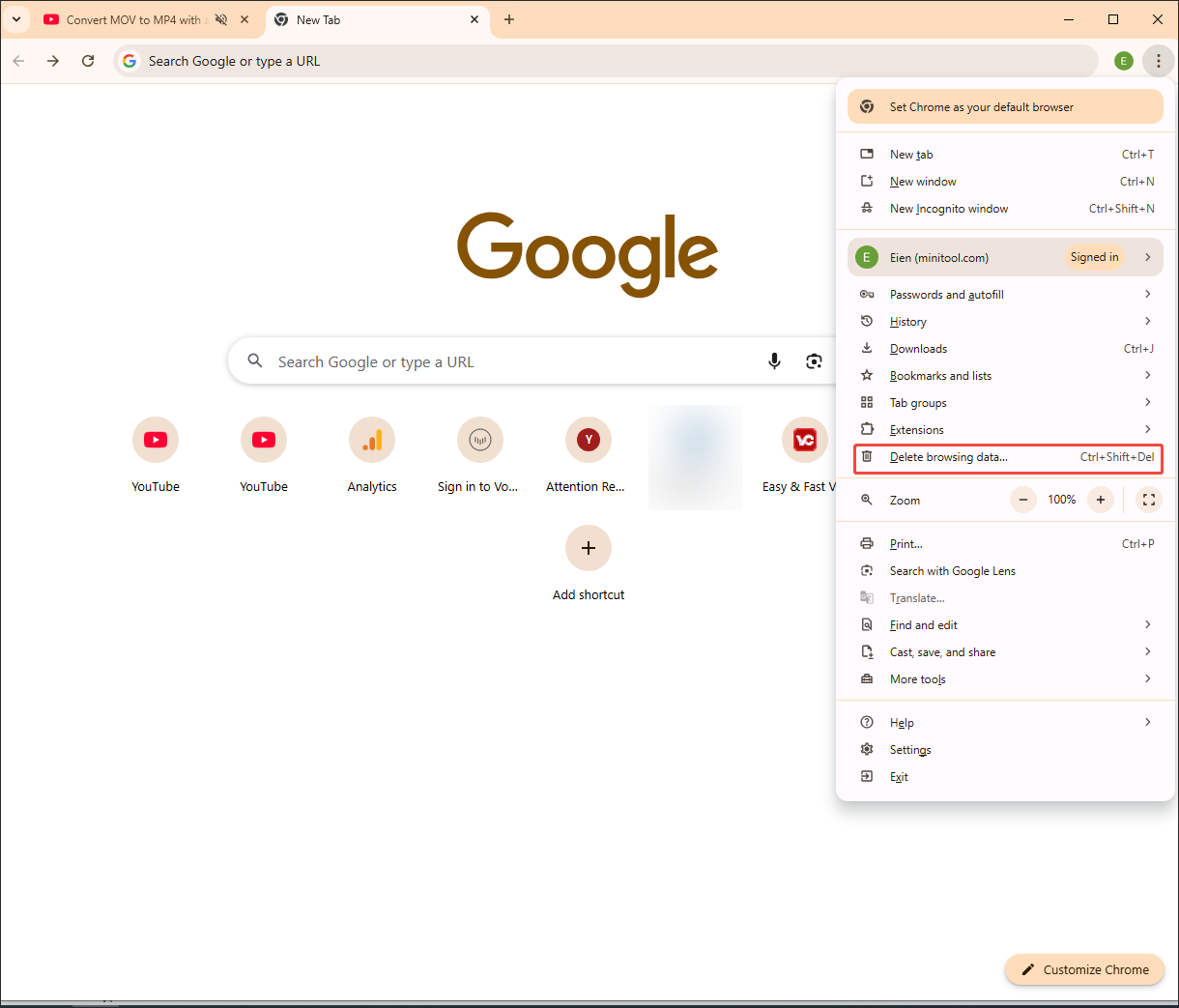Google Chrome interface with the More icon expanded, and the Delete browsing data option selected.