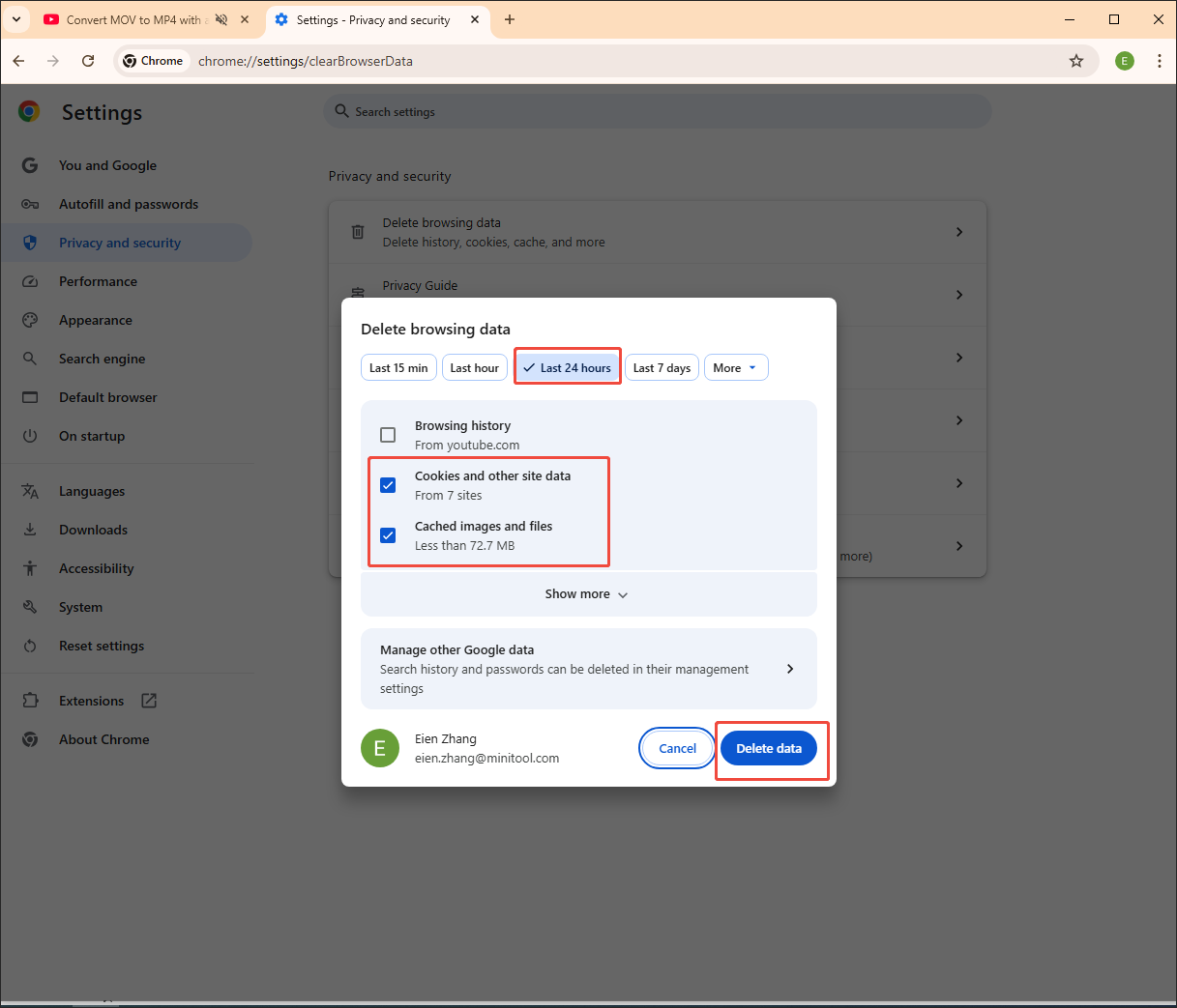 Delete browsing data window of Google Chrome that shows how to clear the cache and cookies of the last 24 hours.